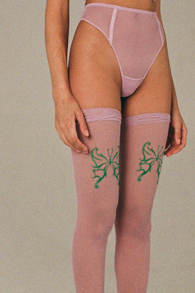 Butterfly Pink Embroidered Stockings